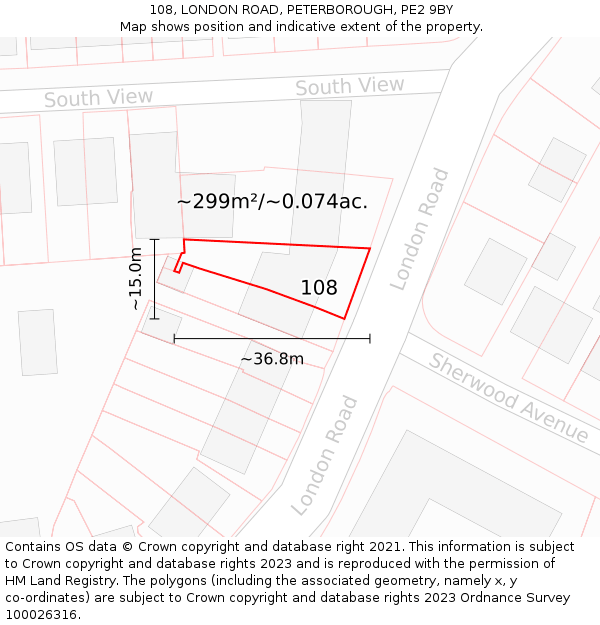 108, LONDON ROAD, PETERBOROUGH, PE2 9BY: Plot and title map