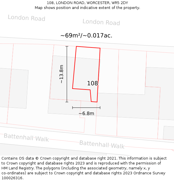 108, LONDON ROAD, WORCESTER, WR5 2DY: Plot and title map