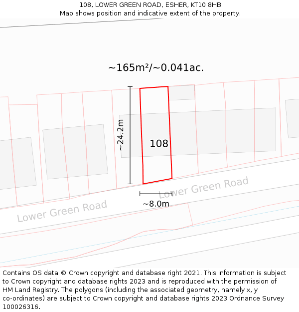 108, LOWER GREEN ROAD, ESHER, KT10 8HB: Plot and title map