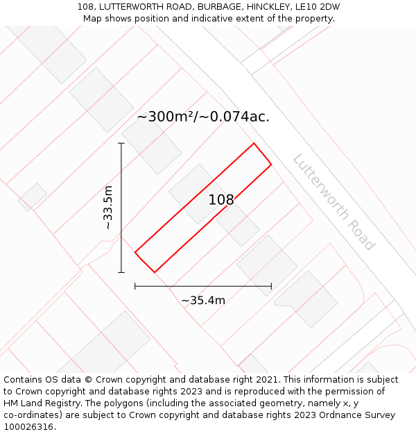 108, LUTTERWORTH ROAD, BURBAGE, HINCKLEY, LE10 2DW: Plot and title map