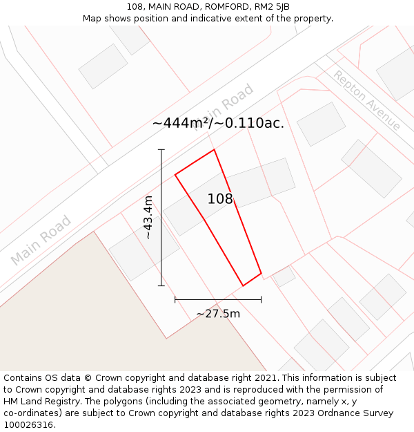 108, MAIN ROAD, ROMFORD, RM2 5JB: Plot and title map