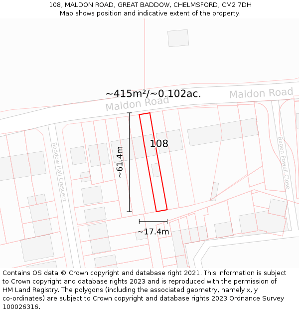 108, MALDON ROAD, GREAT BADDOW, CHELMSFORD, CM2 7DH: Plot and title map