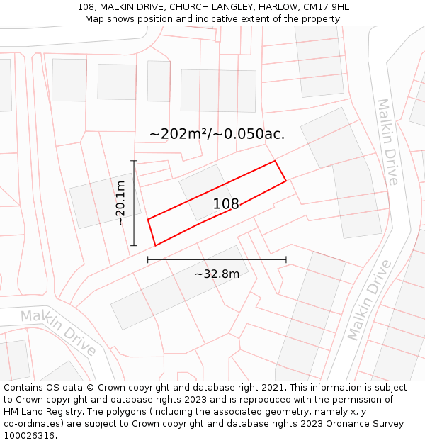 108, MALKIN DRIVE, CHURCH LANGLEY, HARLOW, CM17 9HL: Plot and title map