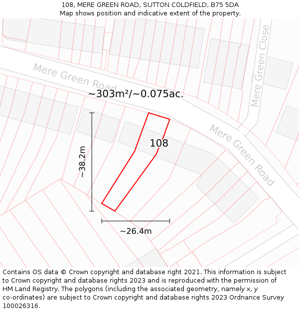 108, MERE GREEN ROAD, SUTTON COLDFIELD, B75 5DA: Plot and title map