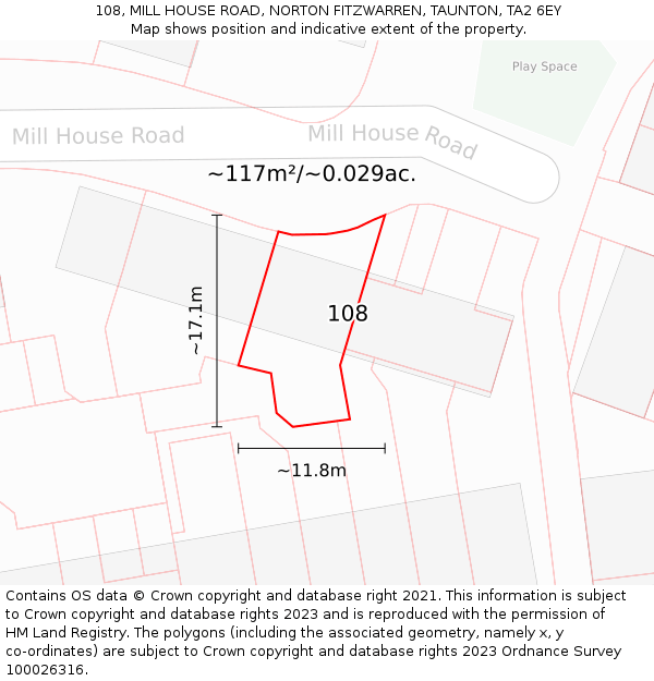 108, MILL HOUSE ROAD, NORTON FITZWARREN, TAUNTON, TA2 6EY: Plot and title map