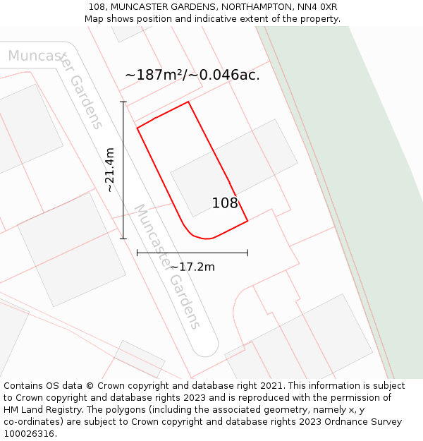 108, MUNCASTER GARDENS, NORTHAMPTON, NN4 0XR: Plot and title map