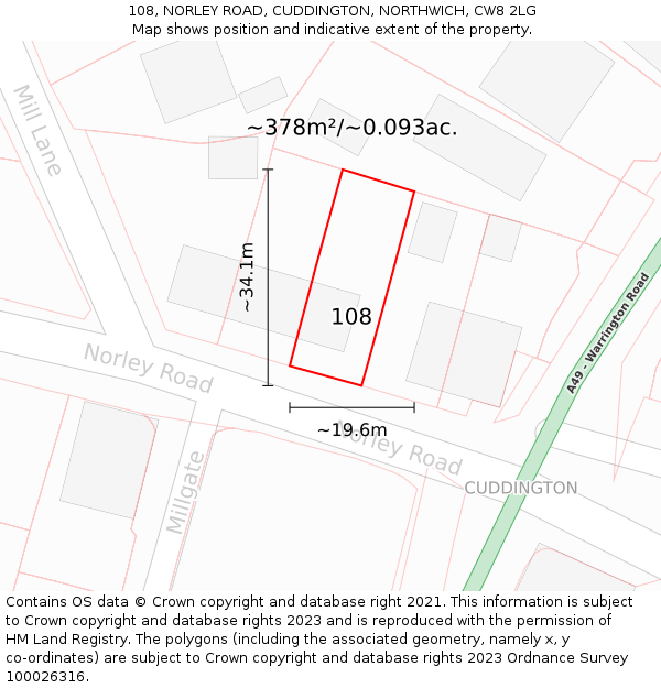 108, NORLEY ROAD, CUDDINGTON, NORTHWICH, CW8 2LG: Plot and title map