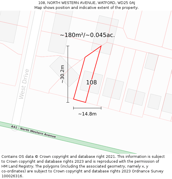 108, NORTH WESTERN AVENUE, WATFORD, WD25 0AJ: Plot and title map