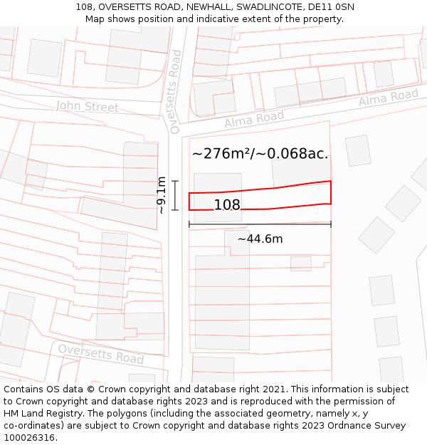 108, OVERSETTS ROAD, NEWHALL, SWADLINCOTE, DE11 0SN: Plot and title map