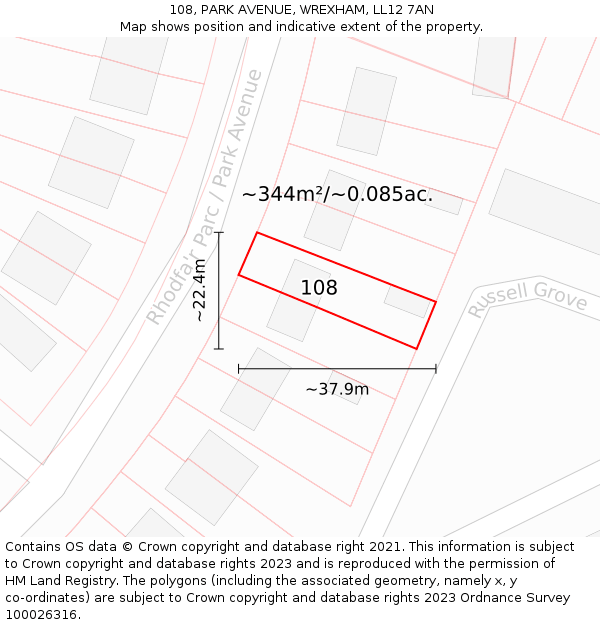 108, PARK AVENUE, WREXHAM, LL12 7AN: Plot and title map