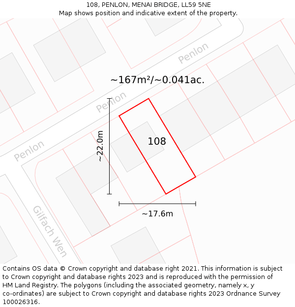 108, PENLON, MENAI BRIDGE, LL59 5NE: Plot and title map