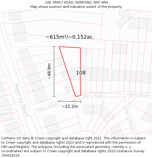 108, PERCY ROAD, ROMFORD, RM7 8RA: Plot and title map