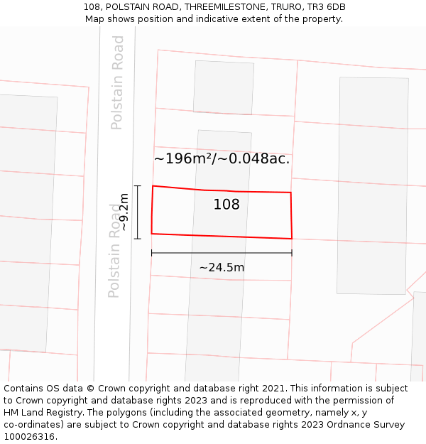 108, POLSTAIN ROAD, THREEMILESTONE, TRURO, TR3 6DB: Plot and title map