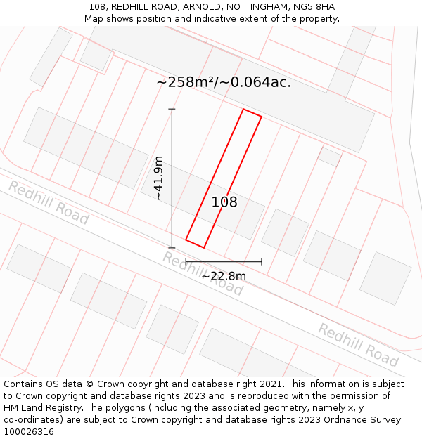 108, REDHILL ROAD, ARNOLD, NOTTINGHAM, NG5 8HA: Plot and title map