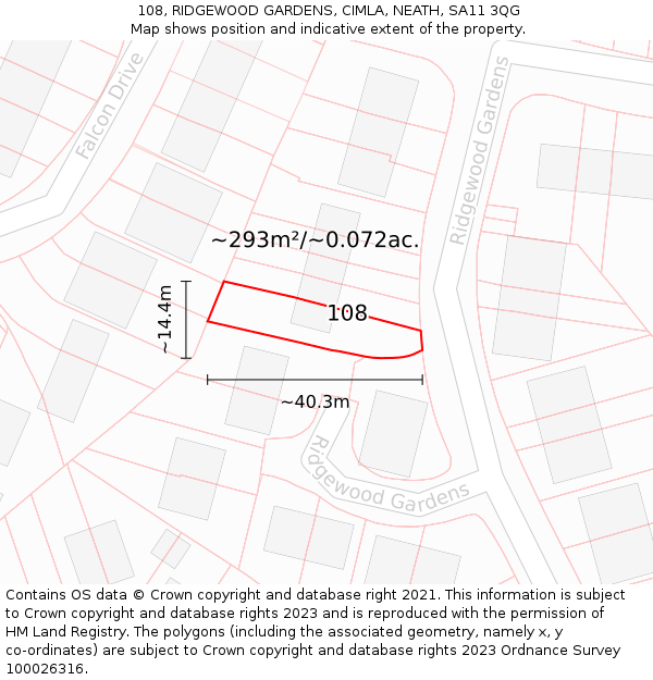 108, RIDGEWOOD GARDENS, CIMLA, NEATH, SA11 3QG: Plot and title map