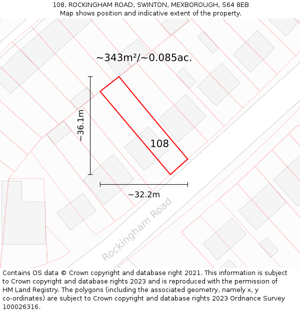 108, ROCKINGHAM ROAD, SWINTON, MEXBOROUGH, S64 8EB: Plot and title map