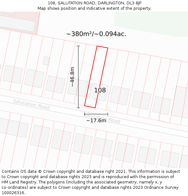 108, SALUTATION ROAD, DARLINGTON, DL3 8JP: Plot and title map