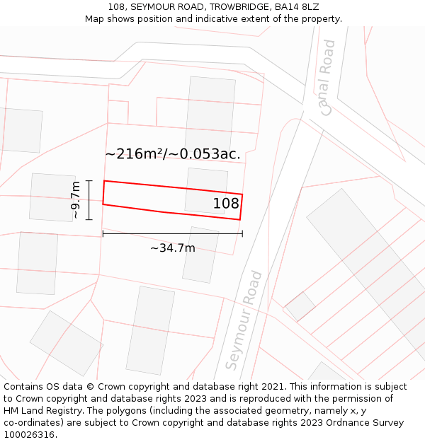 108, SEYMOUR ROAD, TROWBRIDGE, BA14 8LZ: Plot and title map