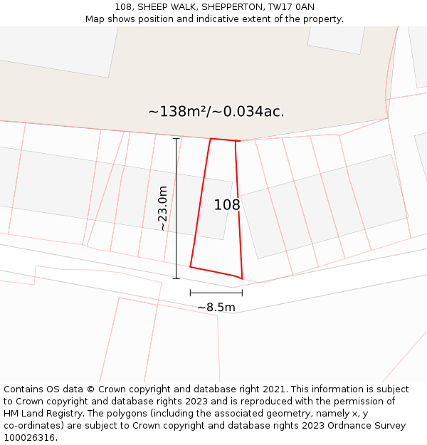 108, SHEEP WALK, SHEPPERTON, TW17 0AN: Plot and title map