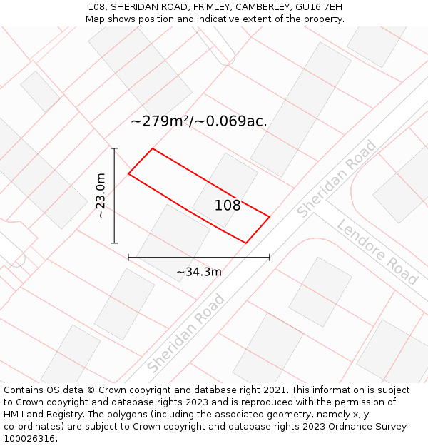 108, SHERIDAN ROAD, FRIMLEY, CAMBERLEY, GU16 7EH: Plot and title map