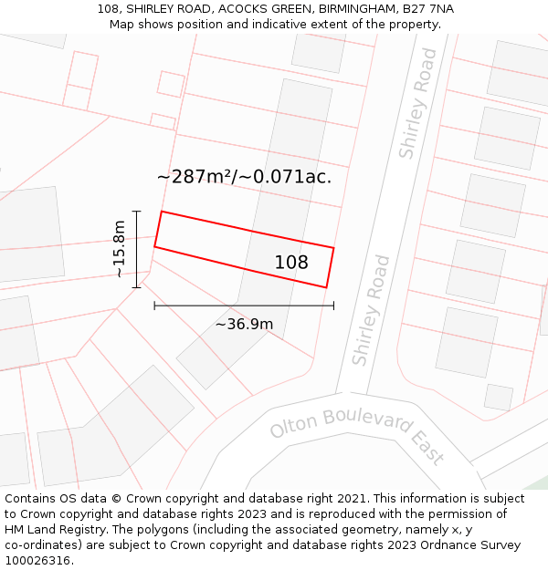 108, SHIRLEY ROAD, ACOCKS GREEN, BIRMINGHAM, B27 7NA: Plot and title map