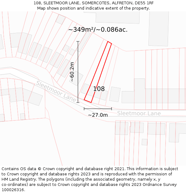 108, SLEETMOOR LANE, SOMERCOTES, ALFRETON, DE55 1RF: Plot and title map