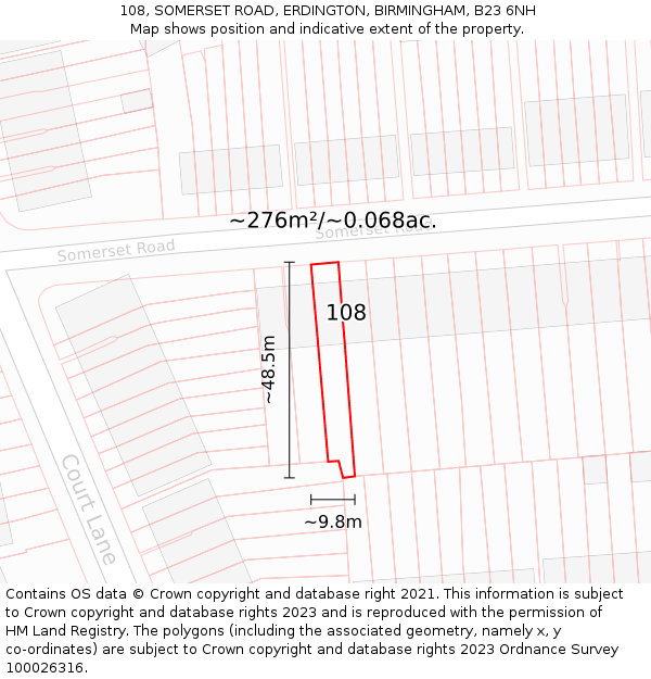 108, SOMERSET ROAD, ERDINGTON, BIRMINGHAM, B23 6NH: Plot and title map