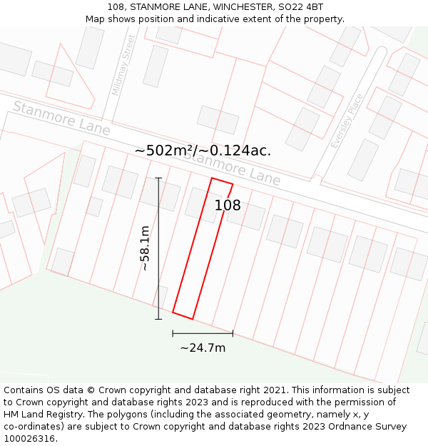 108, STANMORE LANE, WINCHESTER, SO22 4BT: Plot and title map