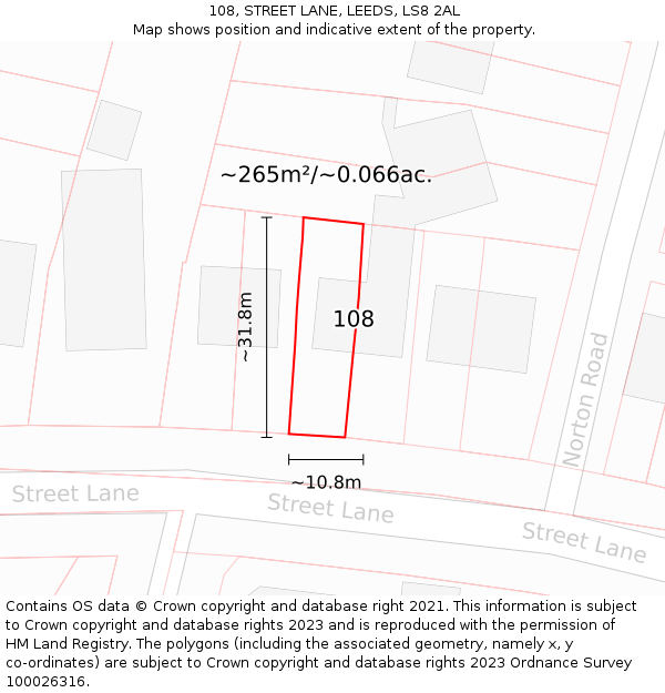 108, STREET LANE, LEEDS, LS8 2AL: Plot and title map