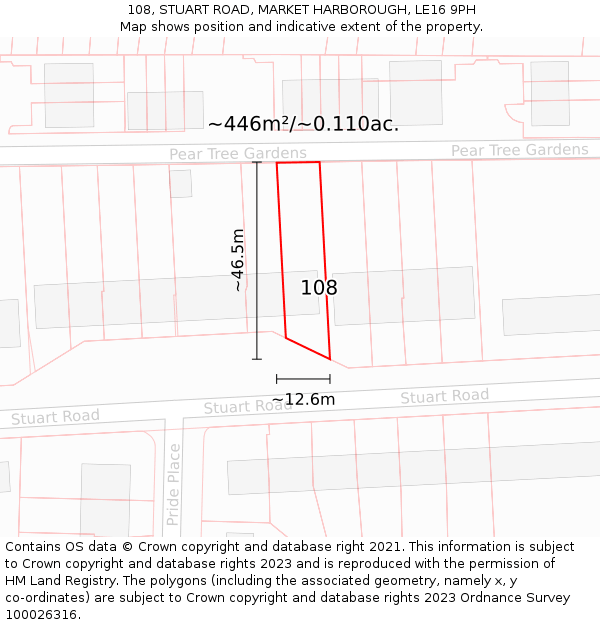 108, STUART ROAD, MARKET HARBOROUGH, LE16 9PH: Plot and title map