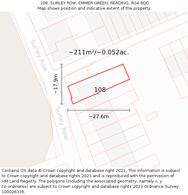 108, SURLEY ROW, EMMER GREEN, READING, RG4 8QD: Plot and title map