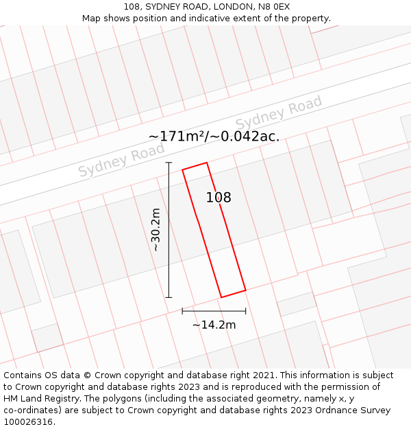 108, SYDNEY ROAD, LONDON, N8 0EX: Plot and title map