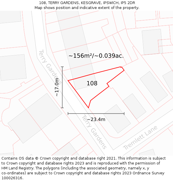 108, TERRY GARDENS, KESGRAVE, IPSWICH, IP5 2DR: Plot and title map