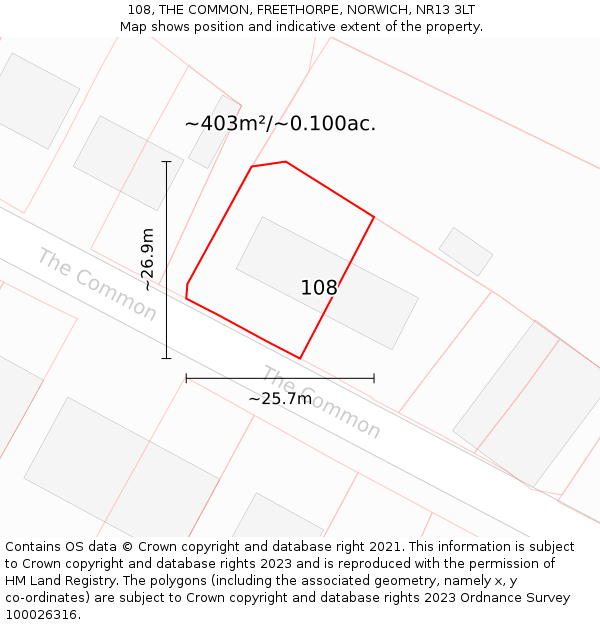 108, THE COMMON, FREETHORPE, NORWICH, NR13 3LT: Plot and title map