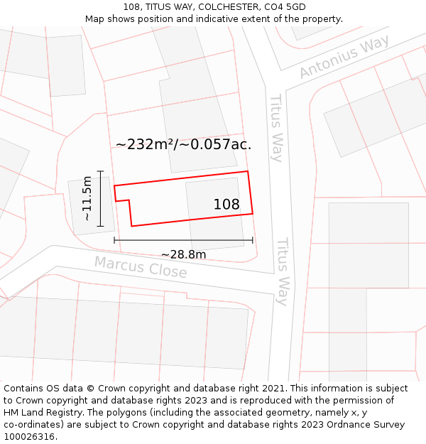 108, TITUS WAY, COLCHESTER, CO4 5GD: Plot and title map