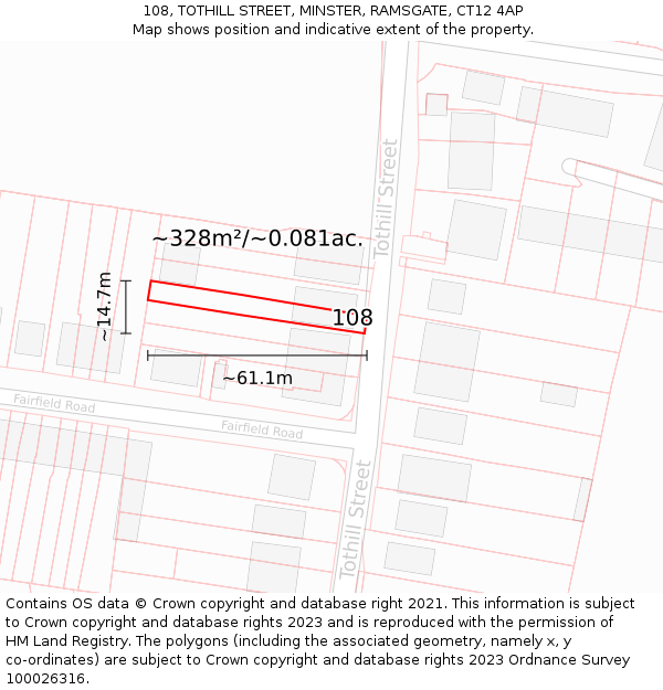 108, TOTHILL STREET, MINSTER, RAMSGATE, CT12 4AP: Plot and title map