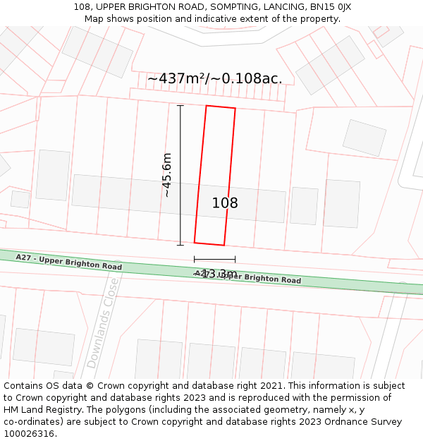 108, UPPER BRIGHTON ROAD, SOMPTING, LANCING, BN15 0JX: Plot and title map