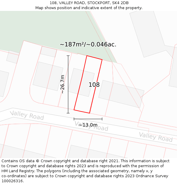 108, VALLEY ROAD, STOCKPORT, SK4 2DB: Plot and title map