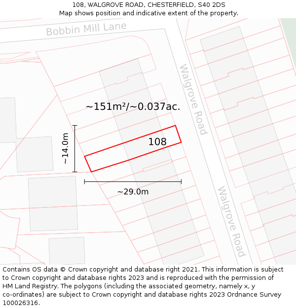 108, WALGROVE ROAD, CHESTERFIELD, S40 2DS: Plot and title map