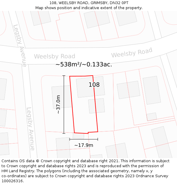 108, WEELSBY ROAD, GRIMSBY, DN32 0PT: Plot and title map