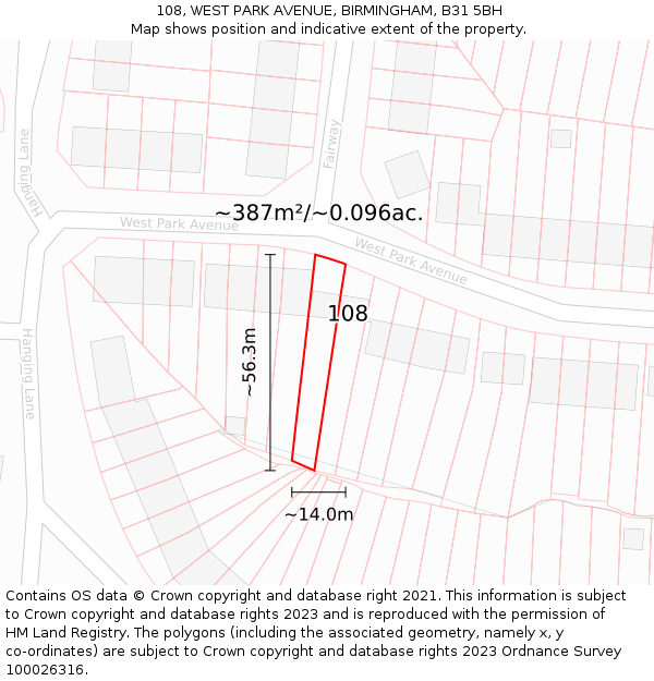 108, WEST PARK AVENUE, BIRMINGHAM, B31 5BH: Plot and title map