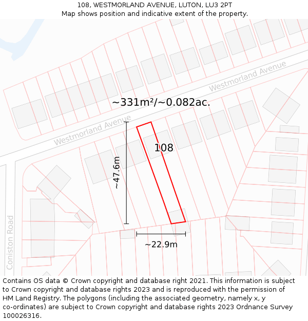 108, WESTMORLAND AVENUE, LUTON, LU3 2PT: Plot and title map