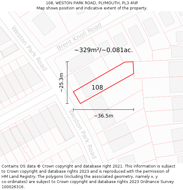 108, WESTON PARK ROAD, PLYMOUTH, PL3 4NP: Plot and title map