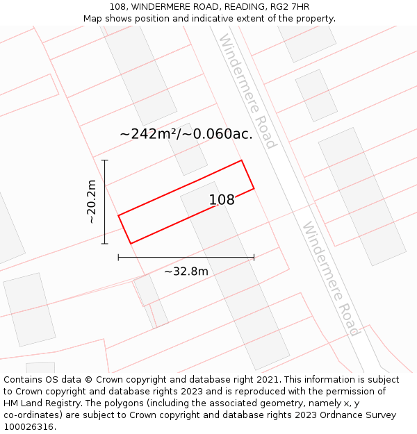 108, WINDERMERE ROAD, READING, RG2 7HR: Plot and title map