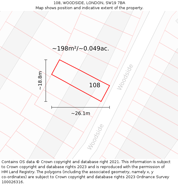 108, WOODSIDE, LONDON, SW19 7BA: Plot and title map