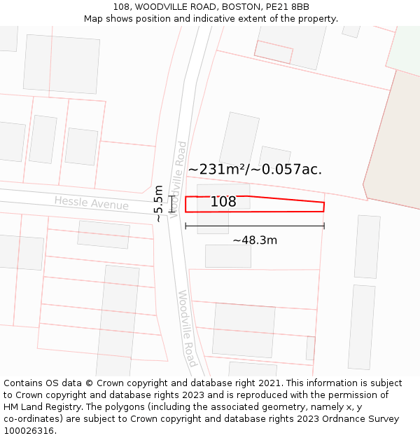 108, WOODVILLE ROAD, BOSTON, PE21 8BB: Plot and title map