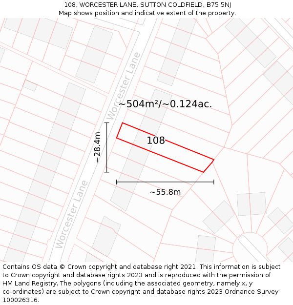 108, WORCESTER LANE, SUTTON COLDFIELD, B75 5NJ: Plot and title map