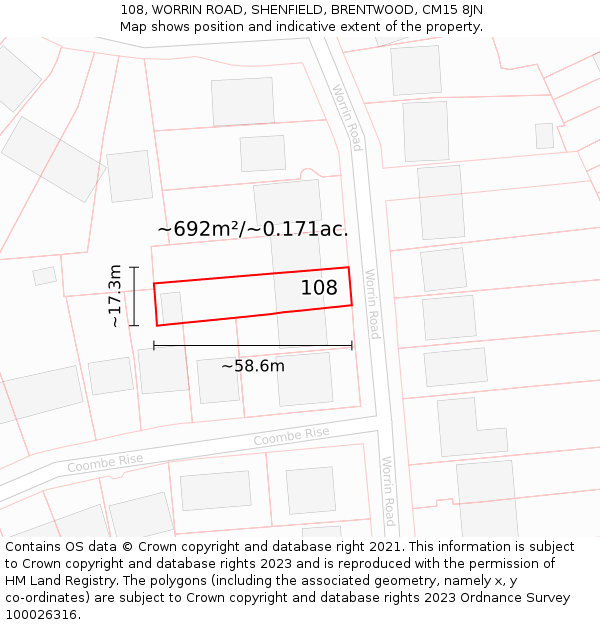 108, WORRIN ROAD, SHENFIELD, BRENTWOOD, CM15 8JN: Plot and title map