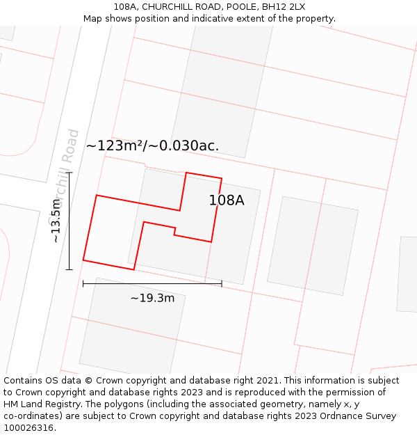 108A, CHURCHILL ROAD, POOLE, BH12 2LX: Plot and title map