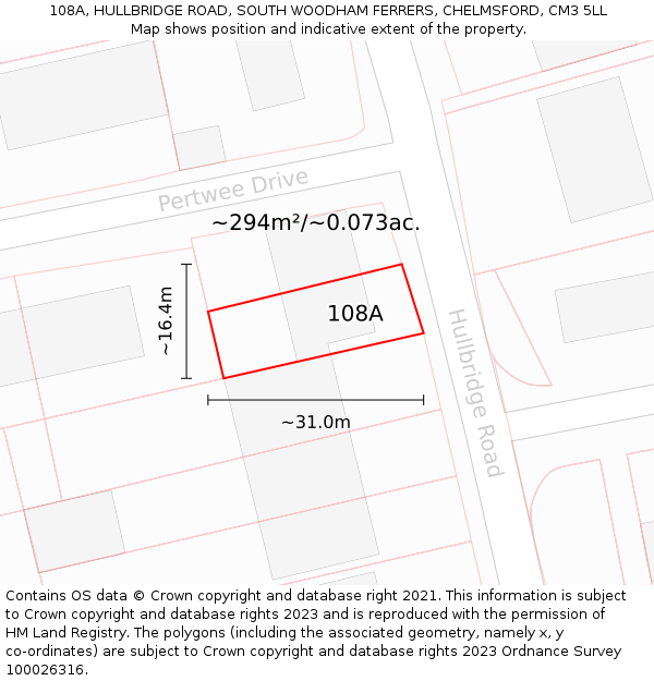 108A, HULLBRIDGE ROAD, SOUTH WOODHAM FERRERS, CHELMSFORD, CM3 5LL: Plot and title map